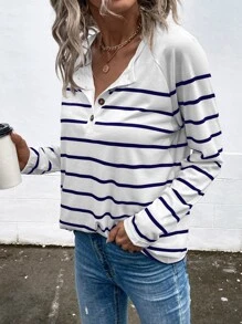 SHEIN LUNE Áo thun nữ Nút phía trước Sọc Giải trí - Xanh và trắng - Xem 4