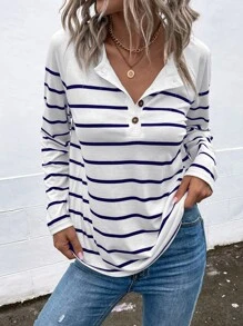 SHEIN LUNE Áo thun nữ Nút phía trước Sọc Giải trí - Xanh và trắng - Xem 6