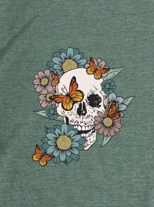 INAWLY 骷髏和印花T恤 - 綠色 - 查看 3