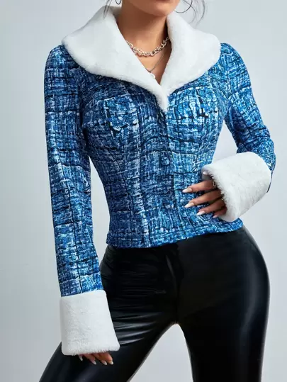 SHEIN SXY Faux Shearling Trim Plaid Jacket