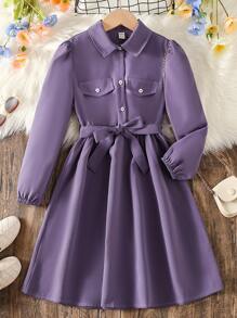 SHEIN Đầm Gái Nút phía trước màu trơn Ăn mặc đẹp - Màu tím  Violet - Xem 1