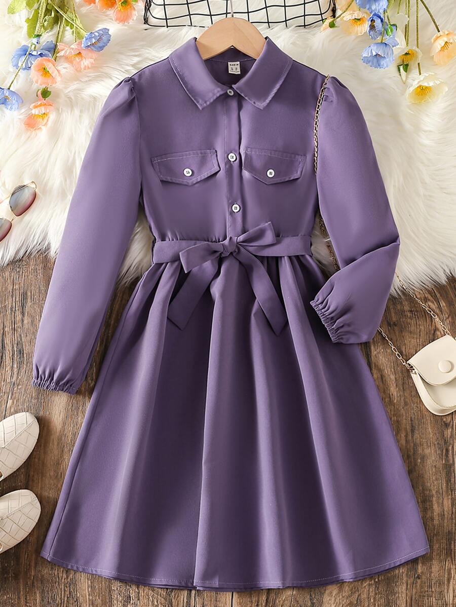 SHEIN Đầm Gái Nút phía trước màu trơn Ăn mặc đẹp - Màu tím  Violet - Xem 1