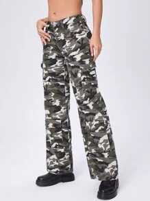 Camo Print Flap Pocket Cargo Jeans - Multicolor - View 2