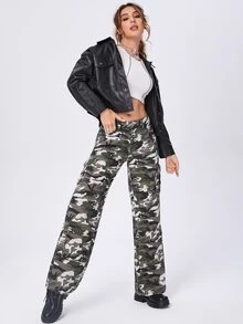 Camo Print Flap Pocket Cargo Jeans - Multicolor - View 5