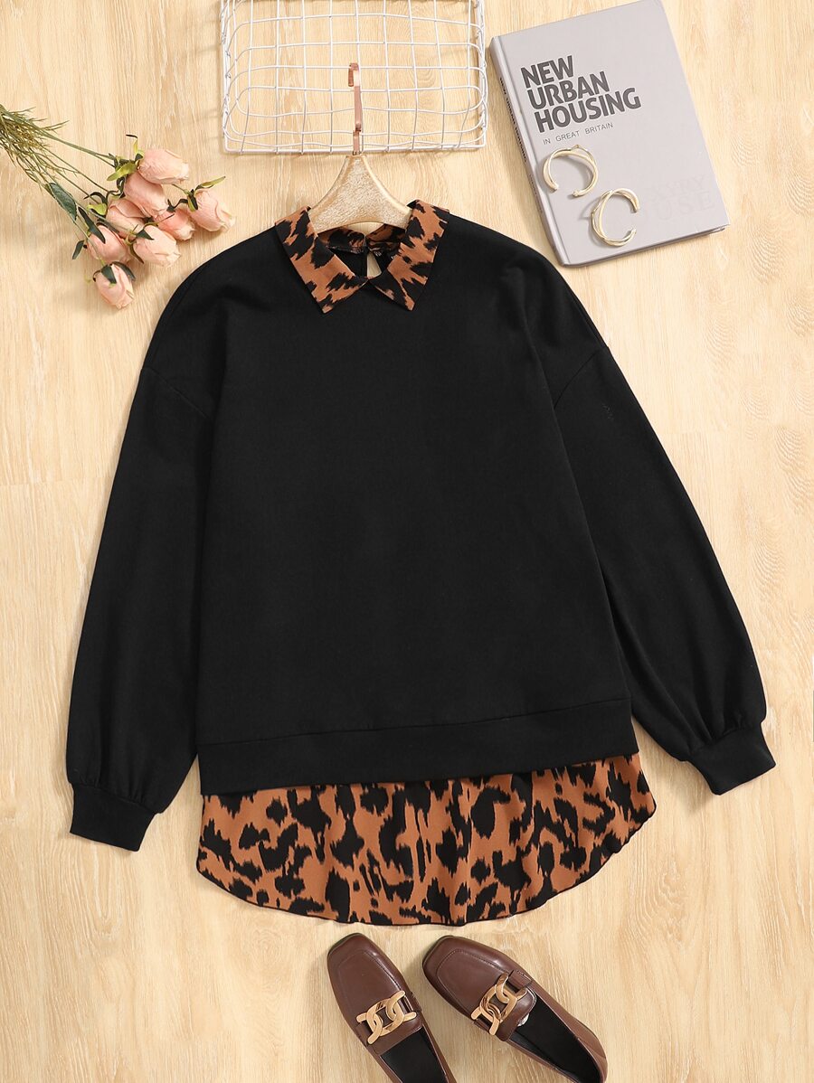 SHEIN LUNE Áo nỉ Plus Size Nút Đồ họa Giải trí - màu nâu - Xem 1