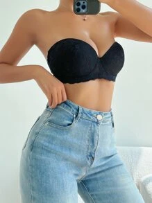 Floral Lace Underwire Tube Bralet - Black - View 1