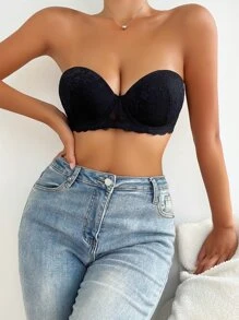 Floral Lace Underwire Tube Bralet - Black - View 6