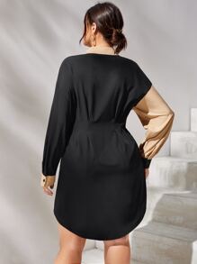 SHEIN Essnce Vestido camisero de dos tonos de hombros caídos con fruncido - Multicolor - Ver 2