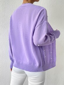 SHEIN Essnce 珍珠釘珠落肩袖麻花編織開襟開衫和針織吊帶上衣 - 紫丁香色 - 查看 2