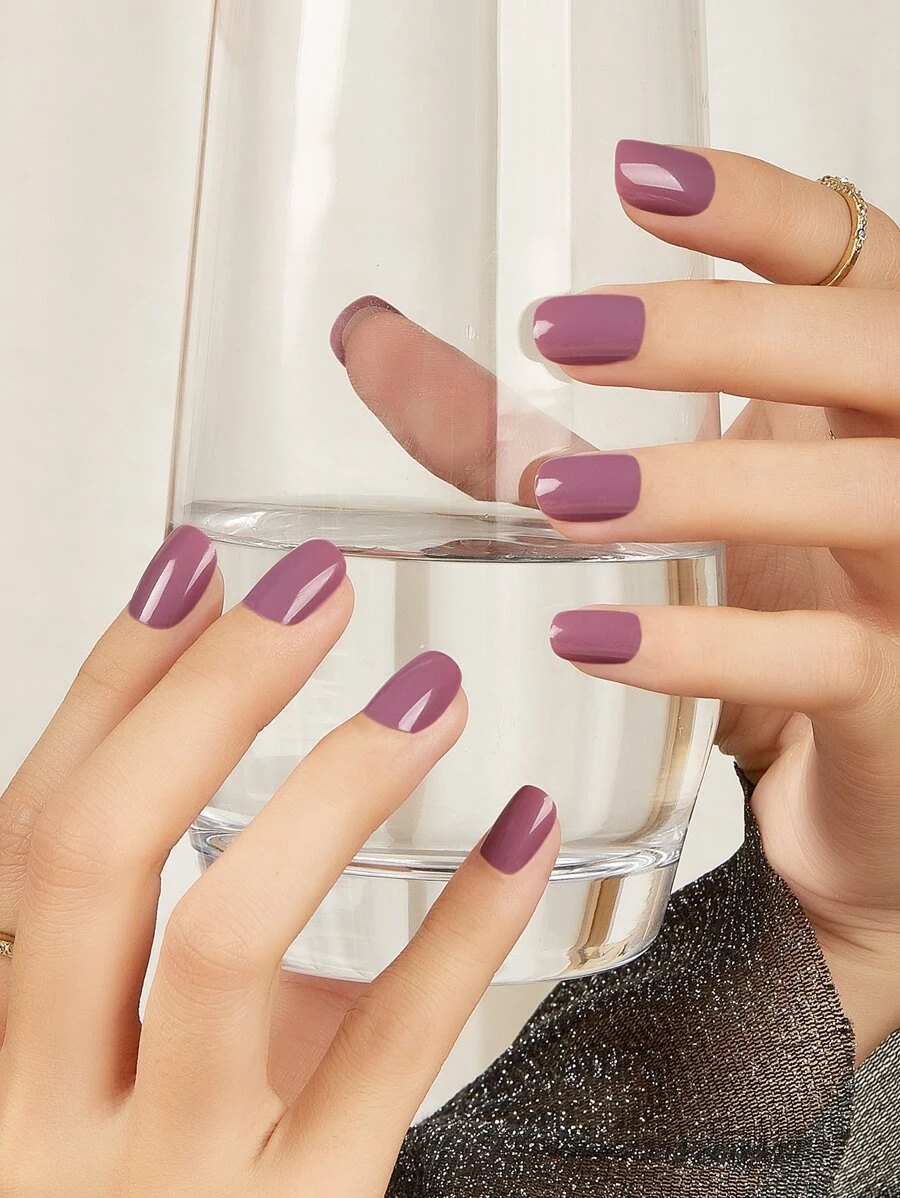 Nail Nina 24pcs Elegant And Versatile Solid Color Short Square Shaped False Nails Set With Jelly Glue And Nail File - Suitable For Outdoor Activities, Leisure And Entertainment, Parties, Dances, And Daily Wear Press On Nails Nail Supplies - Purple - View 1