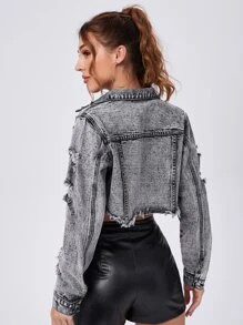 SHEIN EZwear Ripped Raw Trim Button Front Crop Denim Jacket - Grey - View 2