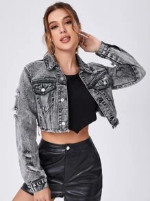 SHEIN EZwear Ripped Raw Trim Button Front Crop Denim Jacket - Grey - View 3
