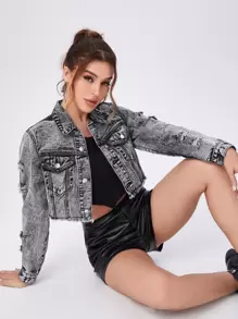 SHEIN EZwear Ripped Raw Trim Button Front Crop Denim Jacket - Grey - View 4