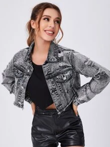 SHEIN EZwear Ripped Raw Trim Button Front Crop Denim Jacket - Grey - View 6