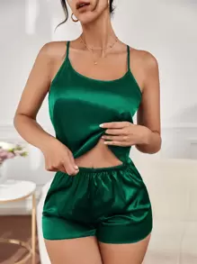 纯色不对称下摆缎面睡衣套装/睡衣套装 - 綠色 - 查看 4