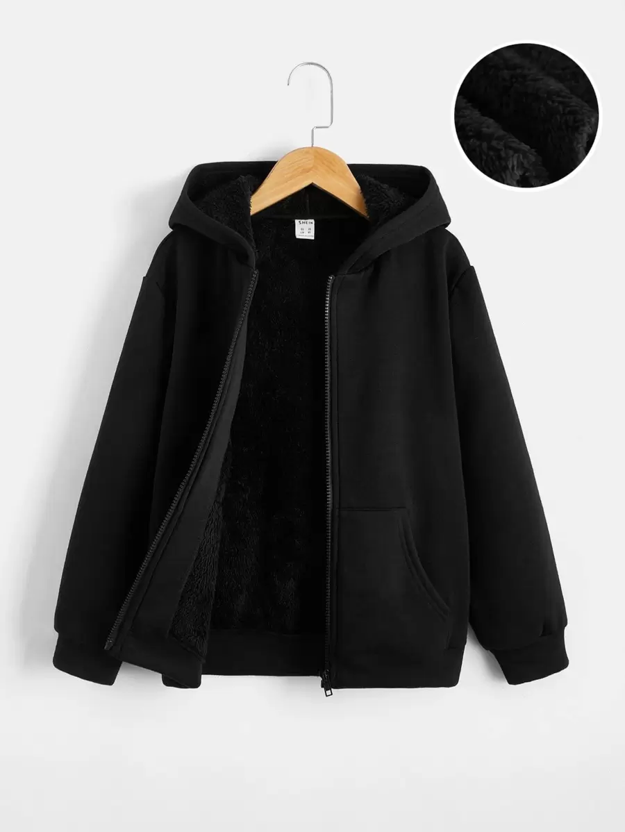 Tween Boy Solid Color Long Sleeve Zip-Up Hooded Fleece Jacket - Black - View 1