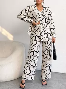 SHEIN Privé Allover Print Drop Shoulder Shirt & Wide Leg Pants