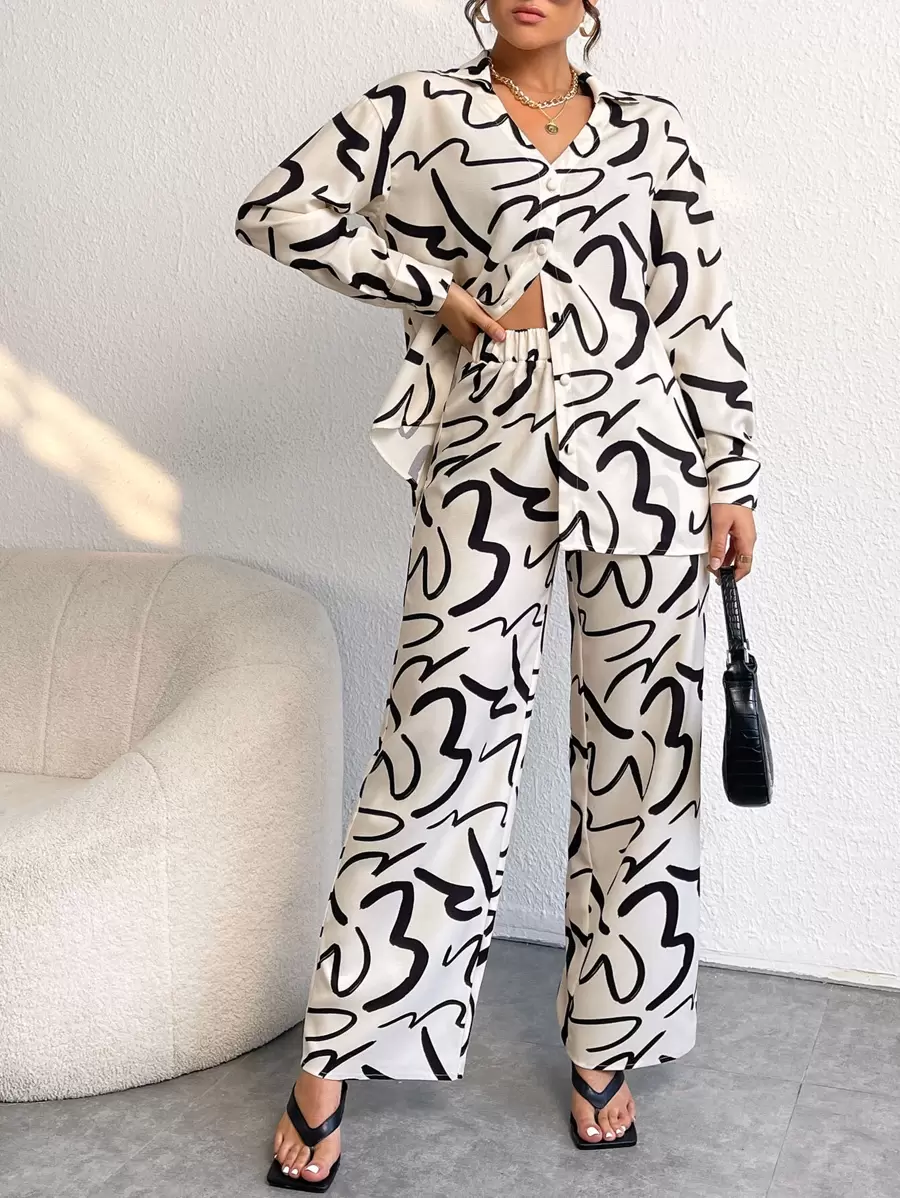 SHEIN Privé Allover Print Drop Shoulder Shirt & Wide Leg Pants
