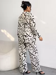 SHEIN Privé Allover Print Drop Shoulder Shirt & Wide Leg Pants