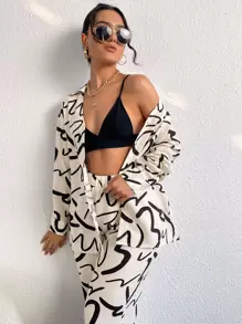 SHEIN Privé Allover Print Drop Shoulder Shirt & Wide Leg Pants