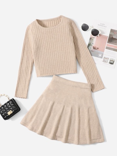 SHEIN Girls Lettuce Trim Sweater & Knit Skirt