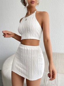 SHEIN Essnce 素色掛脖上衣和包臀半身裙 - 白色 - 查看 4