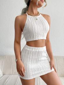 SHEIN Essnce 素色掛脖上衣和包臀半身裙 - 白色 - 查看 5