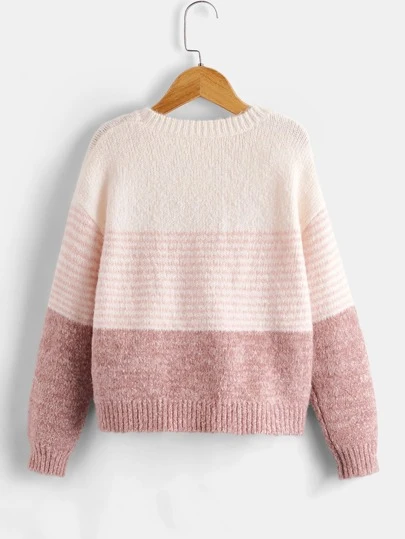 SHEIN 秋冬款 Tween Girl 条纹拼色落肩毛衣