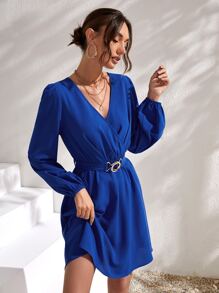 SHEIN Privé 交疊領燈籠袖繫腰帶連衣裙 - 寶藍色 - 查看 4