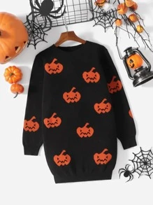 SHEIN Girls Halloween Pumpkin Pattern Jumper Dress - Black - View 1