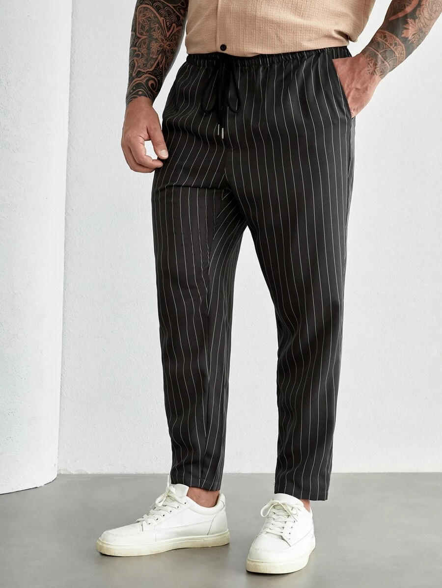 EASEVO Men Plus Pinstriped Print Drawstring Waist Pants