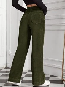 SHEIN EZwear 高腰斜口袋燈芯絨長褲 - 軍綠色 - 查看 2