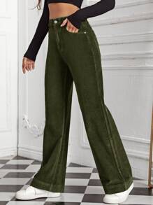 SHEIN EZwear 高腰斜口袋燈芯絨長褲 - 軍綠色 - 查看 3