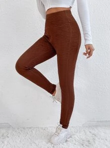 Solid High Waist Leggings With Phone Pocket - Rust Brown - View 1