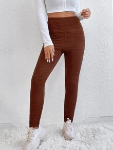 Solid High Waist Leggings With Phone Pocket - Rust Brown - View 5