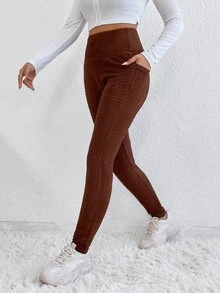 Solid High Waist Leggings With Phone Pocket - Rust Brown - View 6