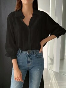 DAZY Áo sơ mi tay dài cài nút phía trước - màu đen - Xem 1