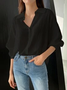 DAZY Áo sơ mi tay dài cài nút phía trước - màu đen - Xem 3