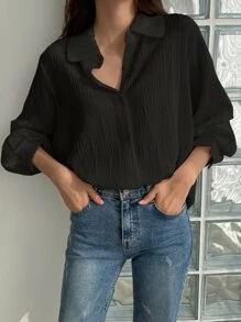 DAZY Áo sơ mi tay dài cài nút phía trước - màu đen - Xem 5