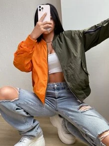 SHEIN EZwear Cazadora tipo bomber de dos tonos fruncido de hombros caídos - Multicolor - Ver 4