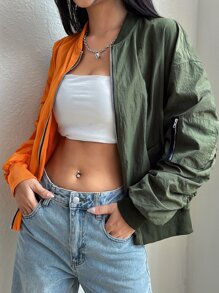 SHEIN EZwear Cazadora tipo bomber de dos tonos fruncido de hombros caídos - Multicolor - Ver 2