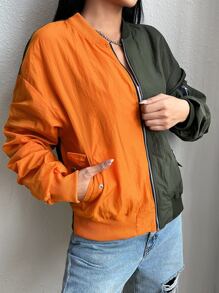 SHEIN EZwear Cazadora tipo bomber de dos tonos fruncido de hombros caídos - Multicolor - Ver 1