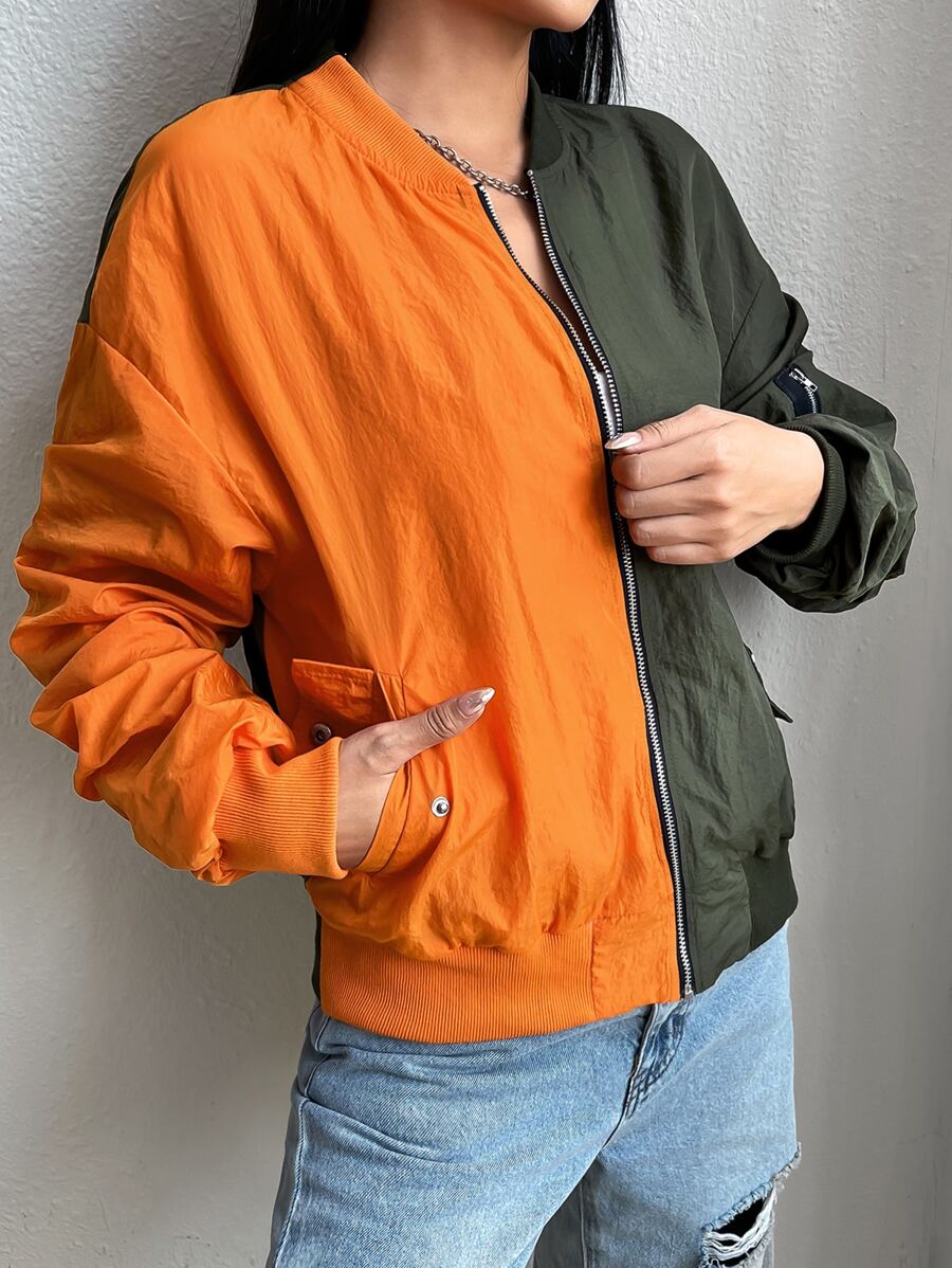 SHEIN EZwear Cazadora tipo bomber de dos tonos fruncido de hombros caídos - Multicolor - Ver 1