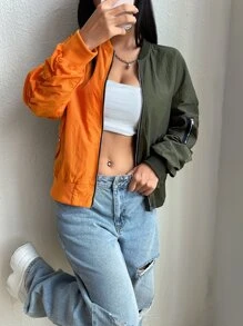 SHEIN EZwear Cazadora tipo bomber de dos tonos fruncido de hombros caídos - Multicolor - Ver 6