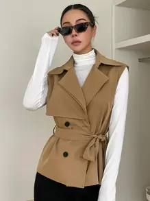 DAZY 双排扣腰带背心风衣，秋装 - 卡其色 - 查看 6