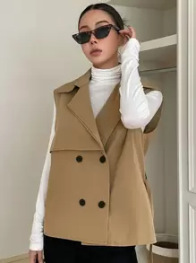 DAZY 双排扣腰带背心风衣，秋装 - 卡其色 - 查看 4