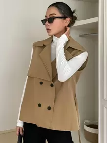 DAZY 双排扣腰带背心风衣，秋装 - 卡其色 - 查看 5