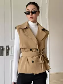 DAZY 双排扣腰带背心风衣，秋装 - 卡其色 - 查看 2
