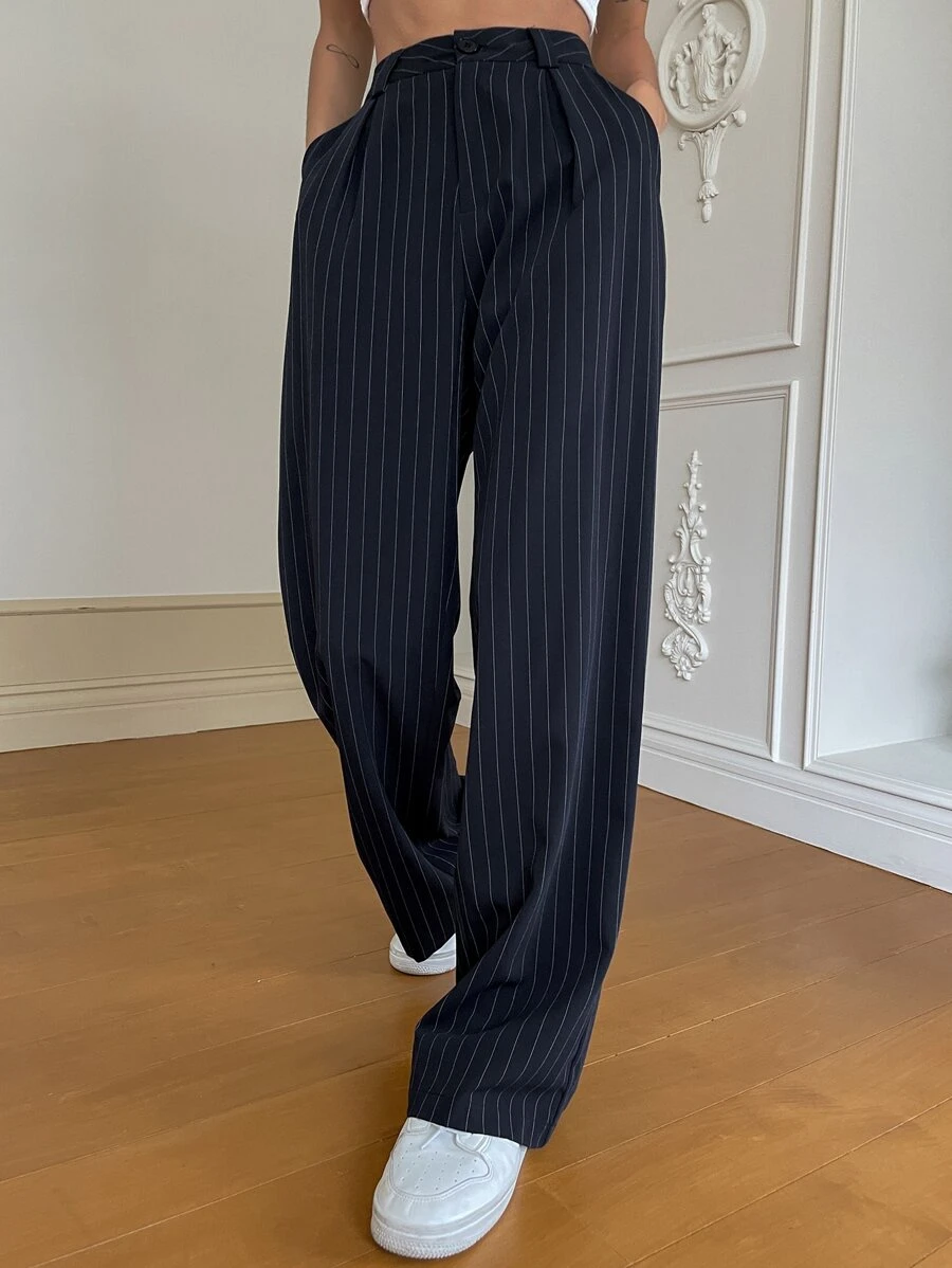 DAZY 条纹印花阔腿西装裤，女士商务正装裤 - 藏蓝色 - 查看 1