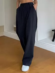 DAZY 条纹印花阔腿西装裤，女士商务正装裤 - 藏蓝色 - 查看 4